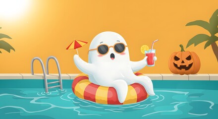 Cartoon ghost relaxing in pool with drink and Halloween decorations  Summerween