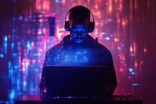 Cybersecurity professional working on laptop surrounded by digital code and glowing lights. Modern technology hacker concept workspace. - Powered by Adobe