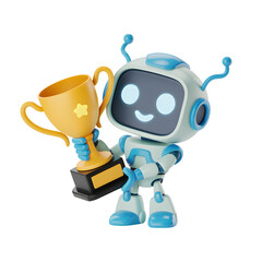 Adorable robot character celebrates victory holding a golden trophy, perfect for tech success and achievement themes
