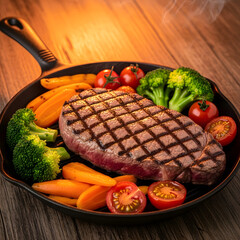 Grilled steak with fresh vegetables on a dinner plate.