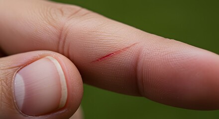 Close-up of a finger with a small cut and red blood on skin  