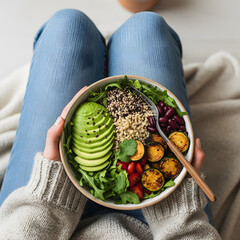 Hands holding bowls of fresh and healthy food and drink.