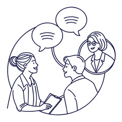 Business people talking with speech bubbles and clipboard meeting discussion