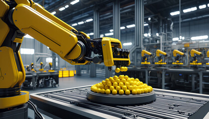 Industrial precision: advanced robot arm handles delicate yellow orbs with control