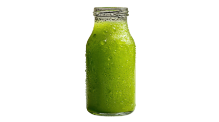 Cold-pressed green fruit juice in bottle-style glass with condensation isolated on a Transparent background, PNG file.