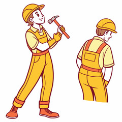 Cartoon builder with hammer and overalls construction worker yellow