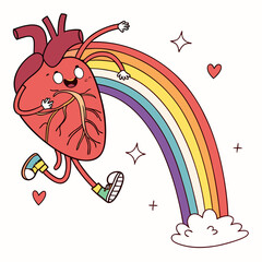 Cartoon heart running on rainbow with happy expression cheerful