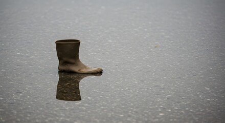 Rubber boot reflected on wet ground in a minimalist setting  