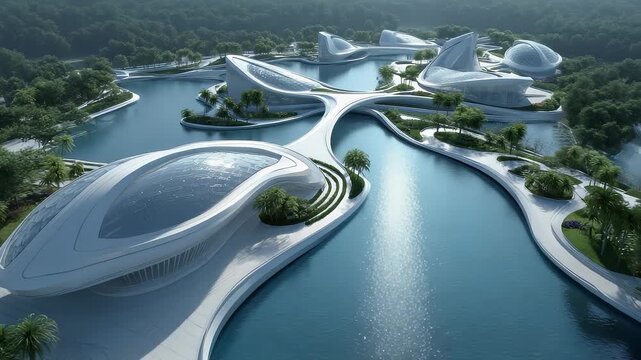 Aerial View of Futuristic Tech City Water Architecture