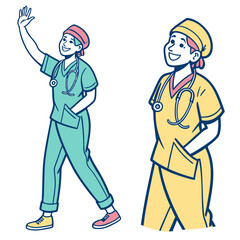 Cheerful doctor in scrubs waving hello medical healthcare
