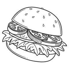 Black and white burger illustration with sesame seeds