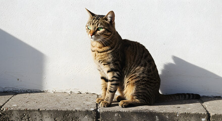 Domestic tabby cat sitting proudly on stone wall in sunlight  Cat concrete slab