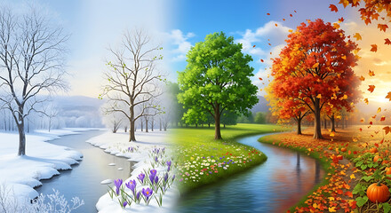 All seasons in one image: nature transitioning from winter to fall