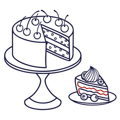 Cherry topped cake slice and whole cake on stand dessert celebration