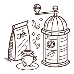 Coffee cup bag and grinder with beans cafe