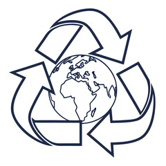 Blue recycling symbol around planet earth globe conservation