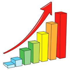 Colorful bar graph with rising red arrow rising arrow success