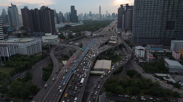 Heavy Traffic In The Sirat Expressway, Bangkok, Thailand. - aerial shot