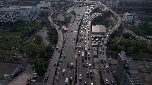 Sirat Expressway Toll Road During Rush Hour In Thailand. - aerial shot