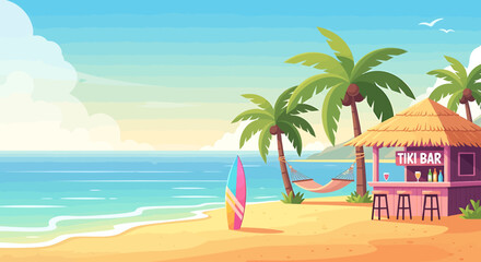 Naklejka premium Tropical beach paradise with swaying palm trees, crystal clear ocean, and white sand, perfect for a summer vacation