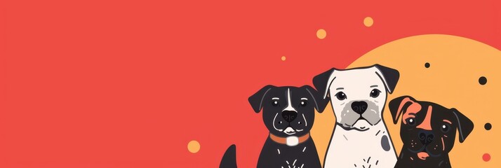 Colorful celebration of international dog day with playful canines. Horzontal banner. Copy space. Flat illustration. World Animal Day. Free space for text