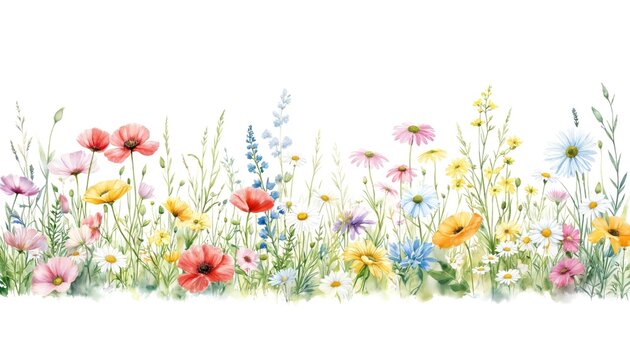 Watercolor illustration of diverse wildflower meadow, featuring poppies, daisies, cornflowers in vibrant spring colors. Tall grasses, delicate foliage create natural border against clean white