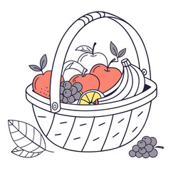 Coral apples bananas grapes lemon slice in woven basket with leaves fruit basket