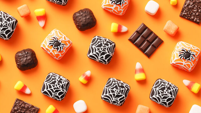 A top-down view of Halloween-themed marshmallow candies, featuring black and white spider-web patterns on orange backgrounds