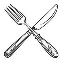 Crossed fork and knife black ink drawing cutlery dining