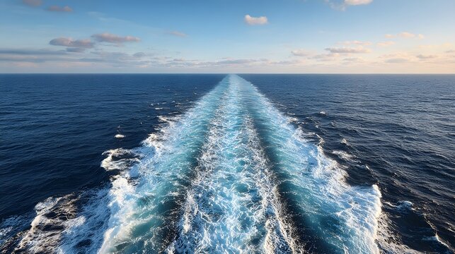 Cruise ship wake in blue ocean water under a clear blue sky.
