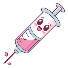 Cute cartoon syringe with pink liquid and happy face medical healthcare