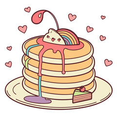 Cute pancake stack with rainbow syrup and hearts vector