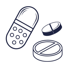 Dark blue capsule and pills on white medication health