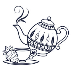 Dark blue line art teapot steaming beside strawberry and cup saucer