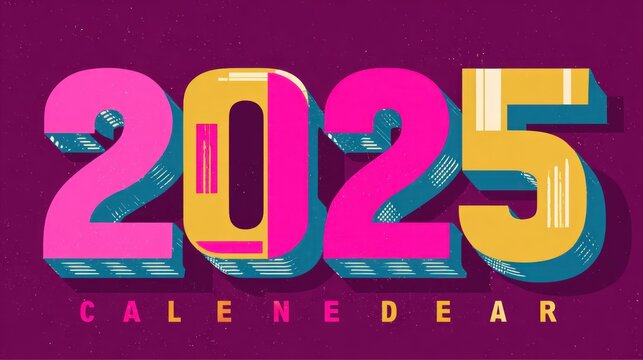 Bold 3D numerals '2025' styled calendar design
