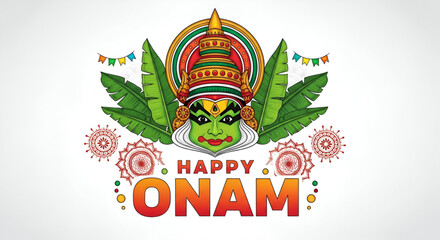 happy onam greeting with colorful kathakali dancer face banana leaves mandala and festive elements for indian cultural celebration and traditional religious event
