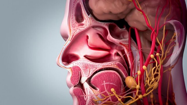 Internal anatomy of the nasal cavity, allergic rhinitis, viral ulcers, red and swollen lesions and pus discharge in the nasal cavity, 3d animation.