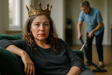 Confident Woman in Crown Relaxing on Sofa While Man Vacuums in Background, Representing Modern Matriarchy Concept in Domestic Scene
