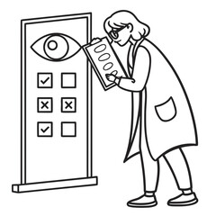 Doctor examining eye chart with patient responses eye exam vision test