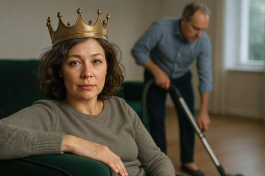 Matriarchy Concept. Woman Wearing Crown Relaxing on Sofa While Man Cleans Living Room in Background Illustrating Royalty and Domestic Chores in Humorous Home Scene