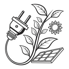 Electric plug connected to plant with solar panel and sun renewable energy leaves