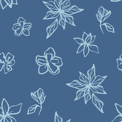 Seamless pattern with minimal hand-drawn floral outlines in light blue over a navy background, perfect for textiles, home decor, and surface pattern design