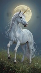 white horse runs gallop in the field