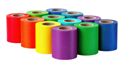 Colored duct tape rolls arranged in rainbow order background isolated on a Transparent background, PNG file.