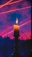 A single burning candle in a candlestick, silhouetted against a dramatic sky with glowing red lines and a mix of purple and blue hues