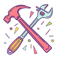 Crossed hammer and wrench with geometric shapes tools