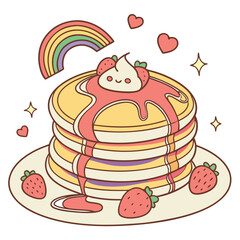 Cute pancake stack with strawberry and rainbow syrup