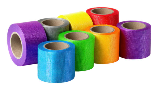 Colored duct tape rolls arranged in rainbow order background isolated on a Transparent background, PNG file.