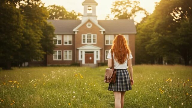 Rear view of a redhead female student walking towards a school building. A young woman in a plaid skirt with a satchel in a field at sunset.