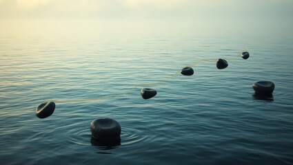 Golden Thread Connecting Zen Stones on Serene Water Surface